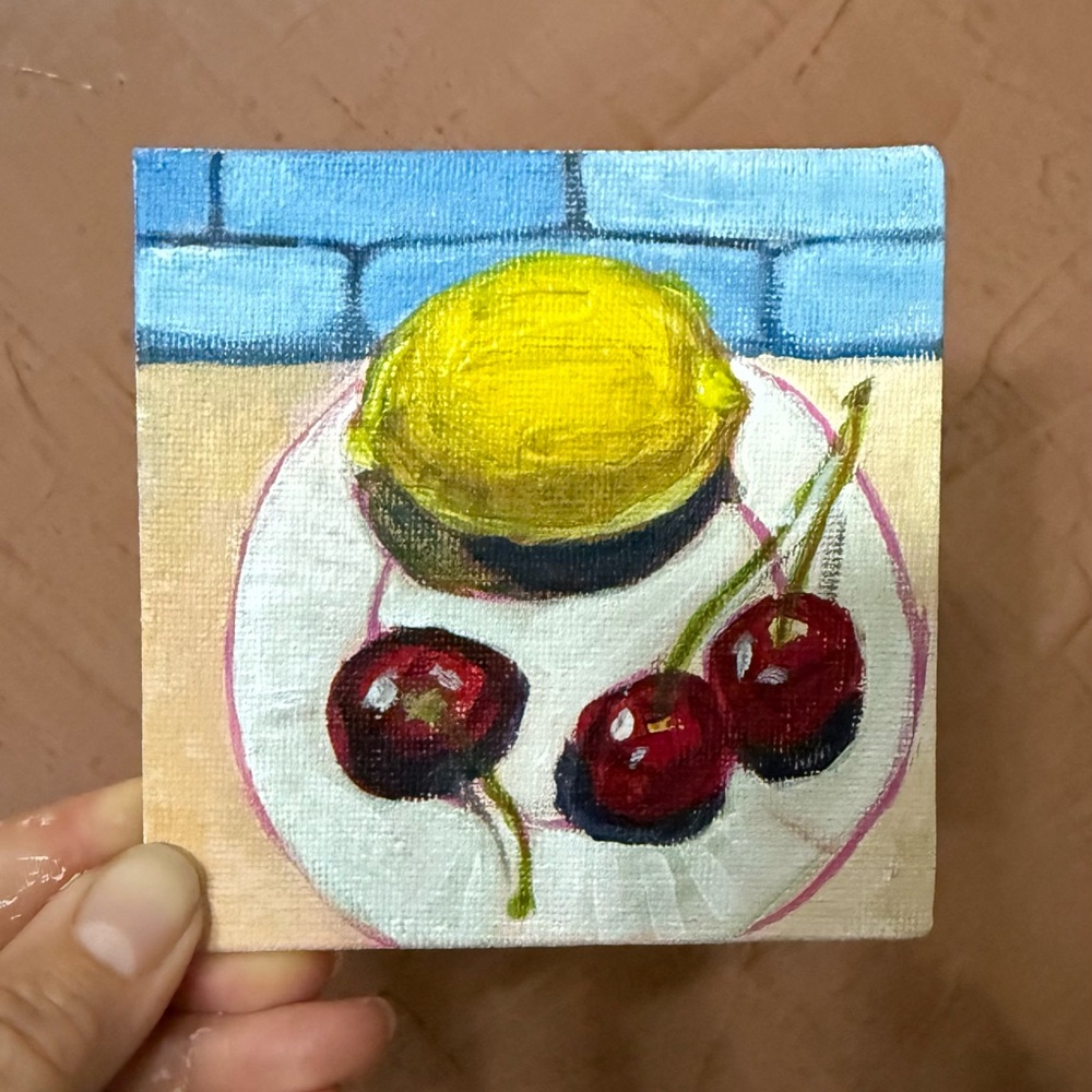 Original Acrylic Miniature Expressive Yellow and Red Fruit Painting